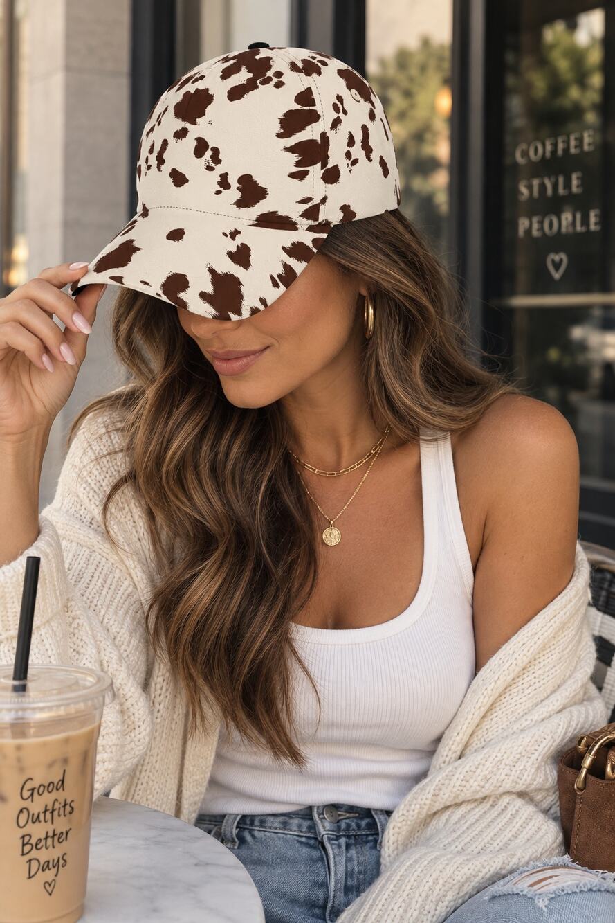 Last one Cow Print Baseball Cap Cream Brown Western Cowgirl Ranch Hat Adjustable